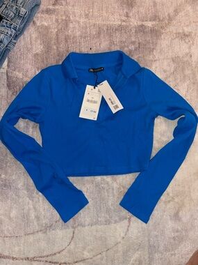 Zara Bright Blue Ribbed Long-Sleeve Cropped Polo